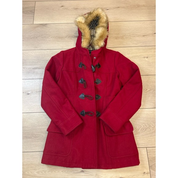 American Eagle Outfitters Jackets & Blazers - American Eagle Outfitters Red Toggle Coat with Faux Fur Hood Size Medium